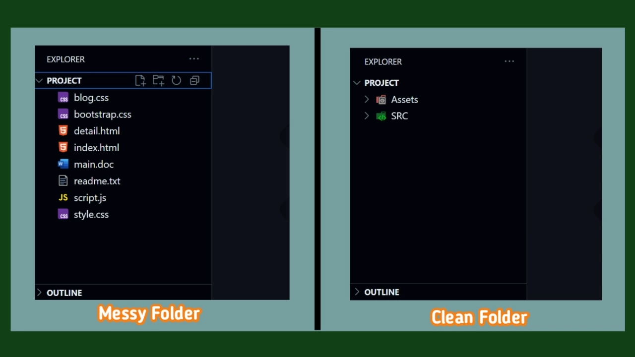 A split-screen comparison of a disorganized file list versus a clean, structured folder system.