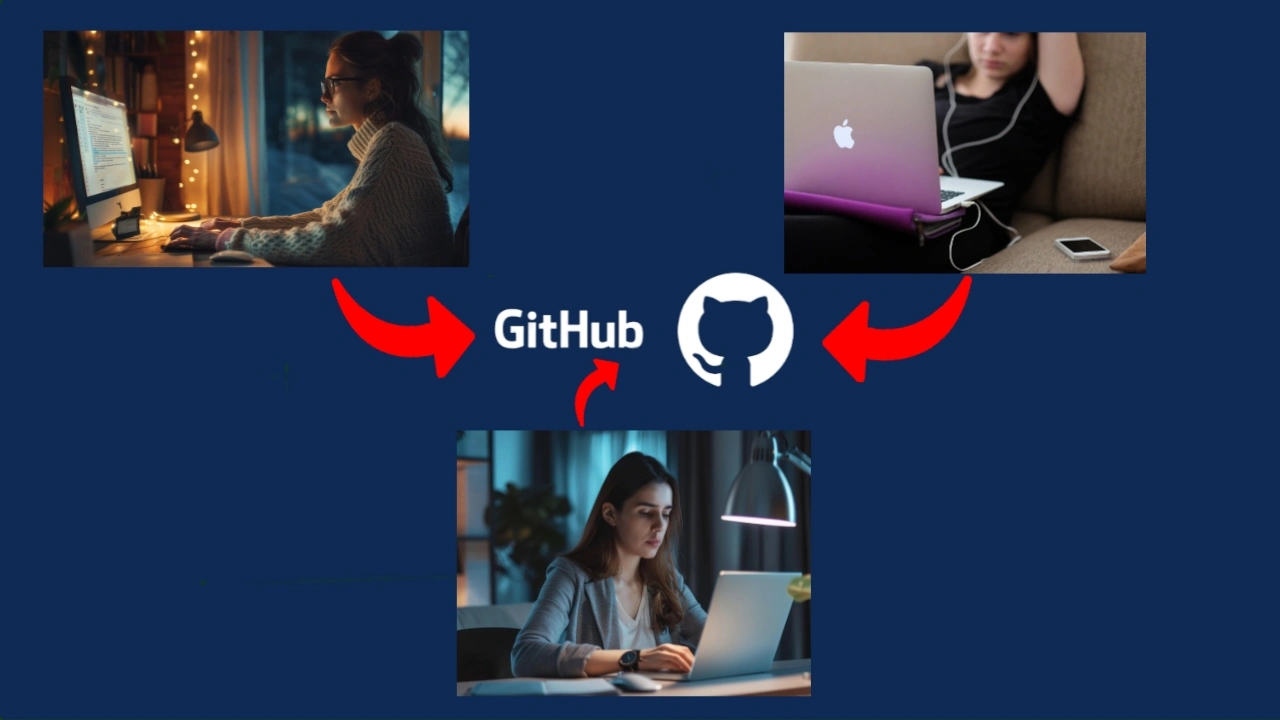 Multiple developers collaborating remotely on the same organization website files using GitHub