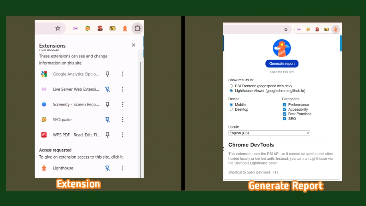 A screenshot showing how to click the Lighthouse icon in a Chrome browser to generate a website speed report.
