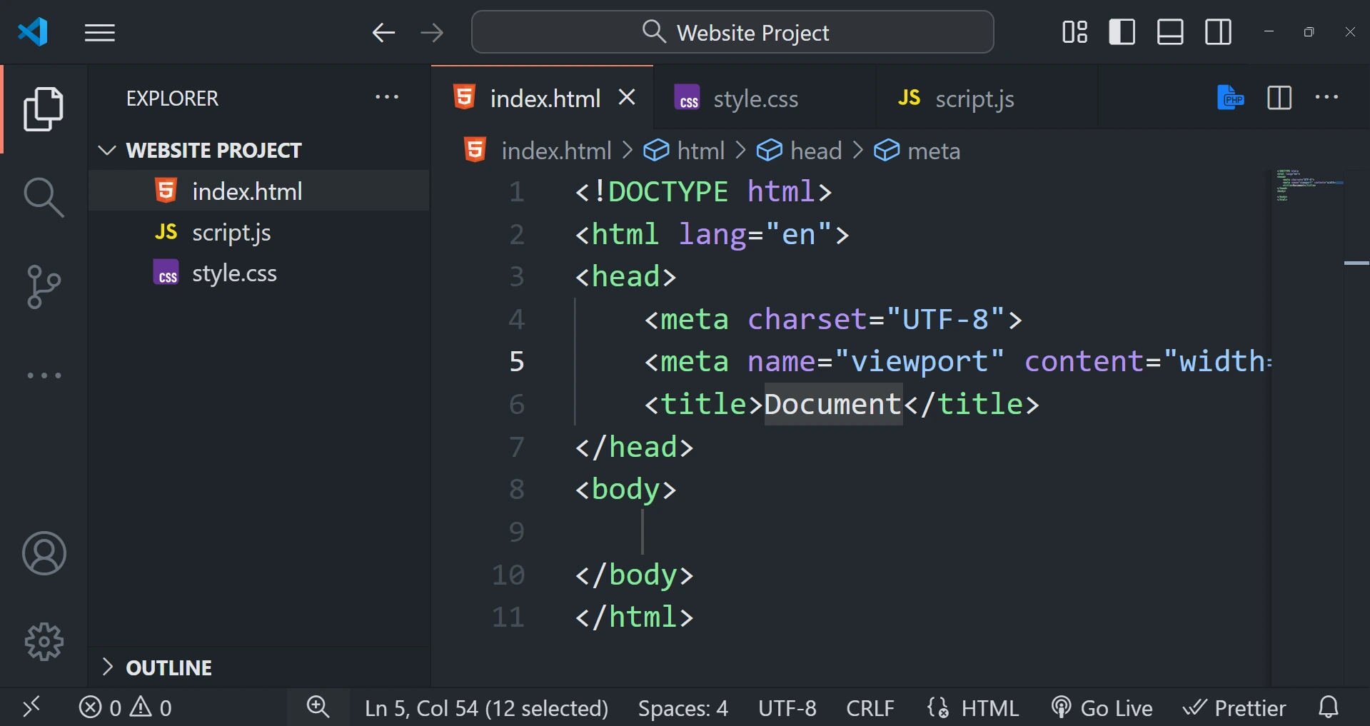 html, css, js in vs code